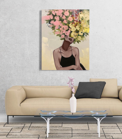 Πίνακας σε Καμβά : Floral Woman Portrait Pink and Yellow Tones