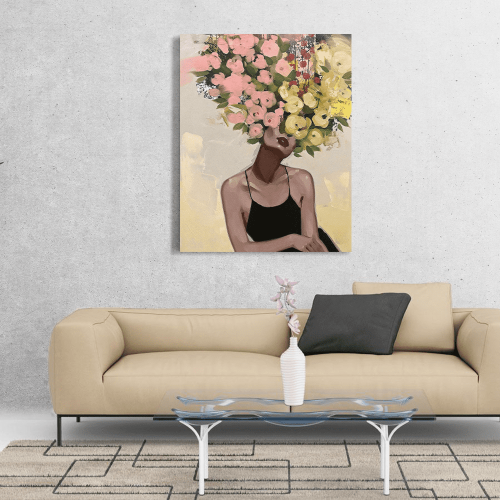 Πίνακας σε Καμβά : Floral Woman Portrait Pink and Yellow Tones