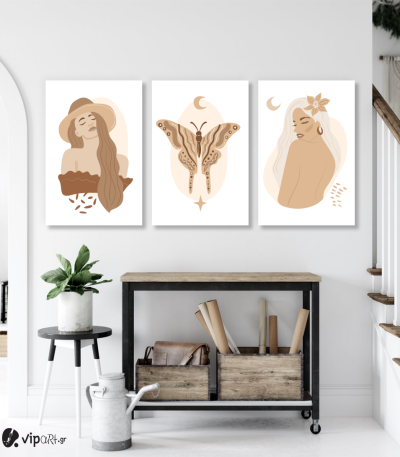 Σύνθεση Με Πίνακες Καμβάδες 60x40 - 3 Τεμάχια - Butterfly woman art