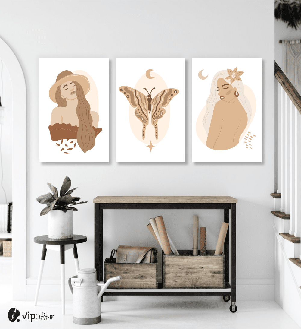 Σύνθεση Με Πίνακες Καμβάδες 60x40 - 3 Τεμάχια - Butterfly woman art