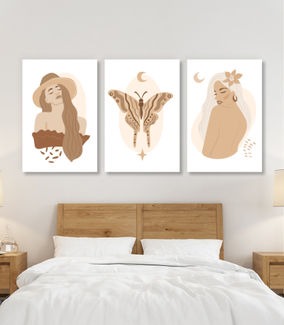 Σύνθεση Με Πίνακες Καμβάδες 60x40 - 3 Τεμάχια - Butterfly woman art