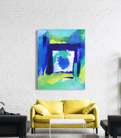 Πίνακας σε Καμβά : Abstract Blue Yellow and Green Canvas