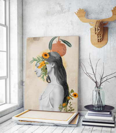 Πίνακας σε Καμβά : Nude Tone Woman Canvas with Flowers