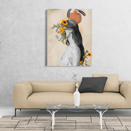 Πίνακας σε Καμβά : Nude Tone Woman Canvas with Flowers