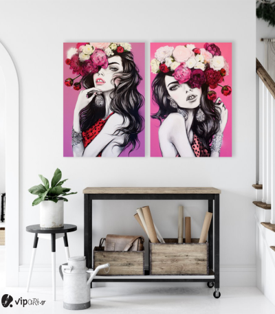 Σύνθεση με πίνακες Καμβάδες : Creative Pink Canvas with woman and flowers - 2 Τεμάχια 70x50
