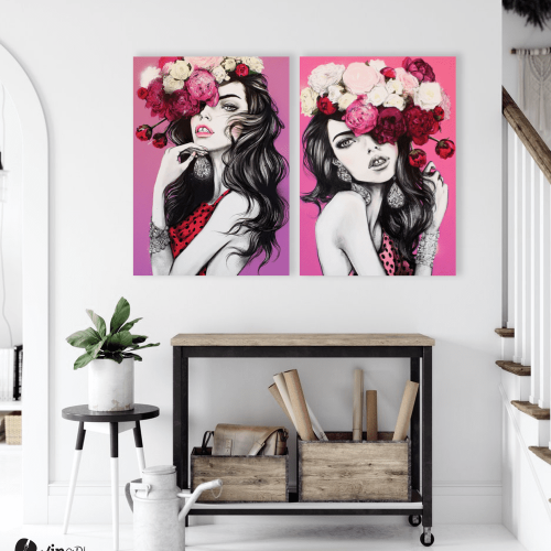 Σύνθεση με πίνακες Καμβάδες : Creative Pink Canvas with woman and flowers - 2 Τεμάχια 70x50