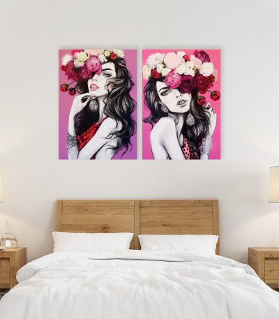 Σύνθεση με πίνακες Καμβάδες : Creative Pink Canvas with woman and flowers - 2 Τεμάχια 70x50