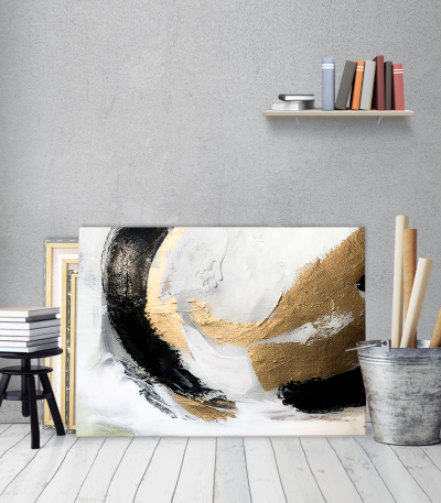 Πίνακας σε Καμβά : Abstract Art White-Black-Gold