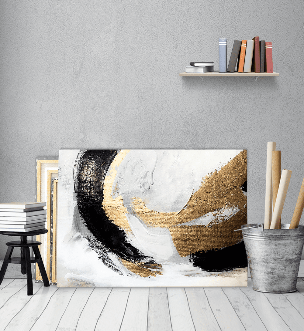 Πίνακας σε Καμβά : Abstract Art White-Black-Gold