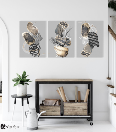 Σύνθεση Με Πίνακες Καμβάδες 70x50 - 3 Τεμάχια - Abstract Grey Gold Black synthesis