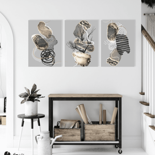 Σύνθεση Με Πίνακες Καμβάδες 70x50 - 3 Τεμάχια - Abstract Grey Gold Black synthesis