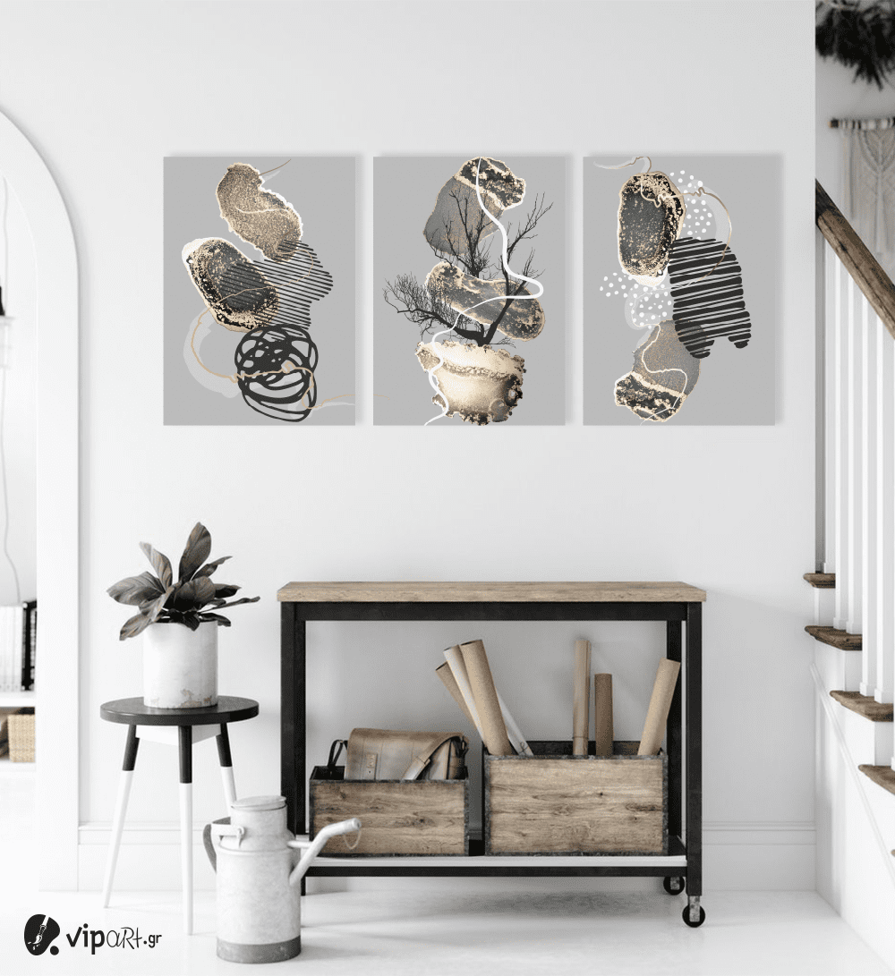 Σύνθεση Με Πίνακες Καμβάδες 70x50 - 3 Τεμάχια - Abstract Grey Gold Black synthesis