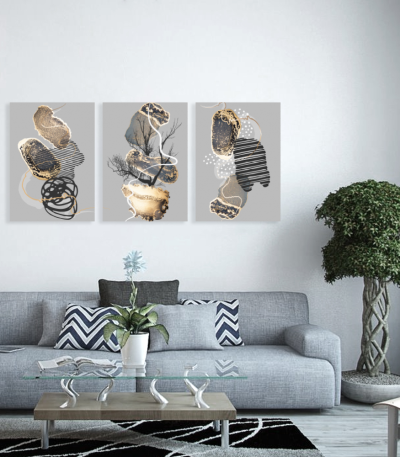 Σύνθεση Με Πίνακες Καμβάδες 70x50 - 3 Τεμάχια - Abstract Grey Gold Black synthesis
