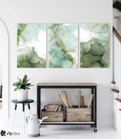 Σύνθεση Με Πίνακες Καμβάδες 60x40 - 3 Τεμάχια - Abstract Alcohol Ink Art With Green White And Gold Tones