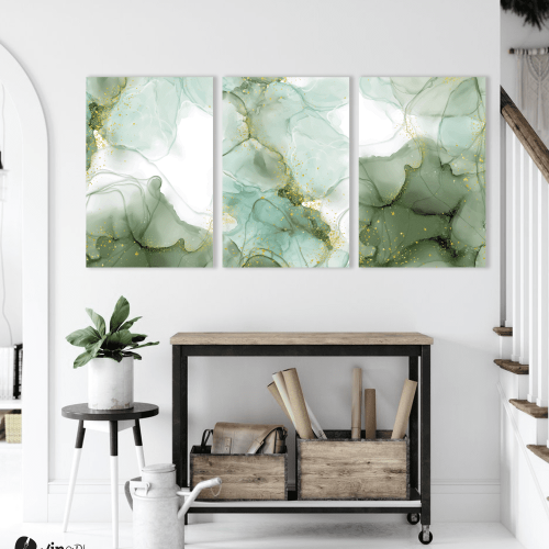 Σύνθεση Με Πίνακες Καμβάδες 60x40 - 3 Τεμάχια - Abstract Alcohol Ink Art With Green White And Gold Tones