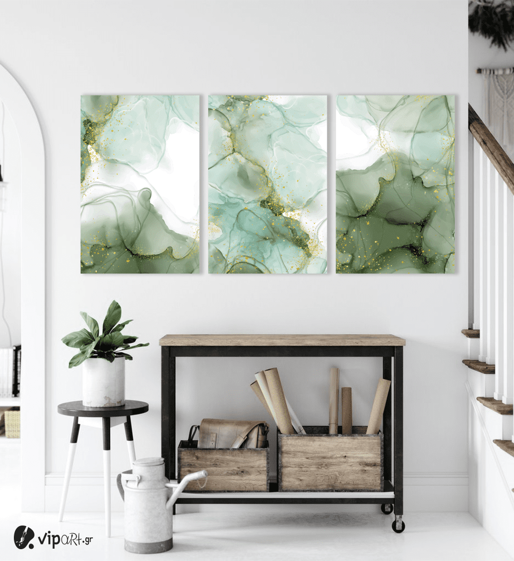 Σύνθεση Με Πίνακες Καμβάδες 60x40 - 3 Τεμάχια - Abstract Alcohol Ink Art With Green White And Gold Tones