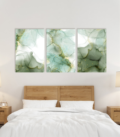 Σύνθεση Με Πίνακες Καμβάδες 60x40 - 3 Τεμάχια - Abstract Alcohol Ink Art With Green White And Gold Tones