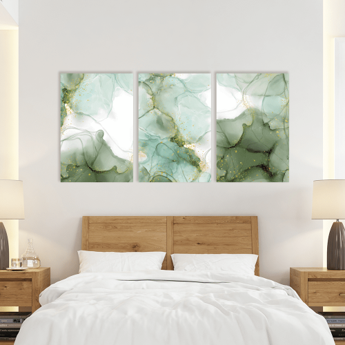Σύνθεση Με Πίνακες Καμβάδες 60x40 - 3 Τεμάχια - Abstract Alcohol Ink Art With Green White And Gold Tones