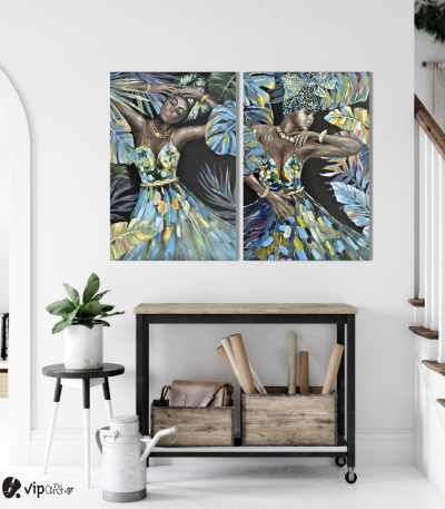 Σύνθεση με πίνακες Καμβάδες :African Tropical Portraits With Blue And Green Tones - 2 Τεμάχια 70x50