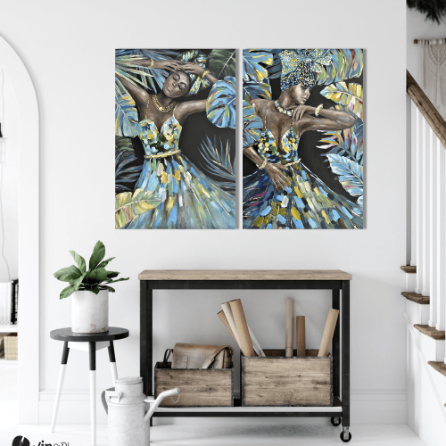Σύνθεση με πίνακες Καμβάδες :African Tropical Portraits With Blue And Green Tones - 2 Τεμάχια 70x50