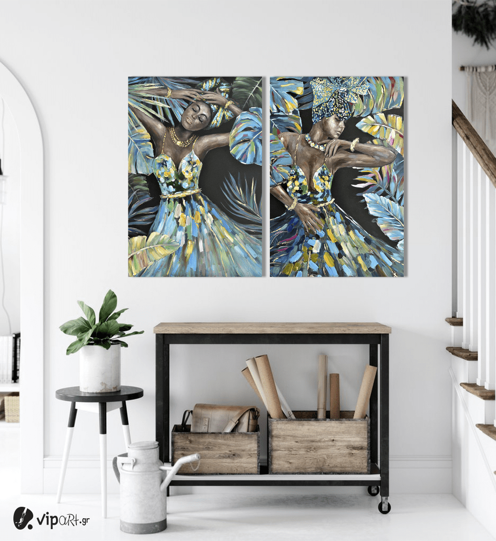 Σύνθεση με πίνακες Καμβάδες :African Tropical Portraits With Blue And Green Tones - 2 Τεμάχια 70x50