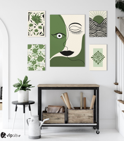 Σύνθεση με πίνακες Καμβάδες Green and Black Vintage x Modern - 4 Τεμάχια 30x 20 & 1 Tεμάχιο 60 X 40