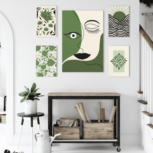 Σύνθεση με πίνακες Καμβάδες Green and Black Vintage x Modern - 4 Τεμάχια 30x 20 & 1 Tεμάχιο 60 X 40