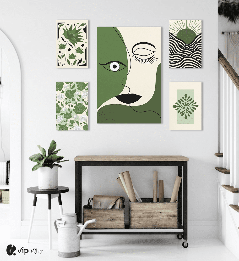 Σύνθεση με πίνακες Καμβάδες Green and Black Vintage x Modern - 4 Τεμάχια 30x 20 & 1 Tεμάχιο 60 X 40