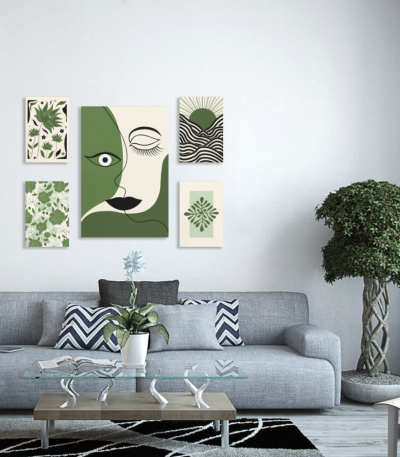 Σύνθεση με πίνακες Καμβάδες Green and Black Vintage x Modern - 4 Τεμάχια 30x 20 & 1 Tεμάχιο 60 X 40