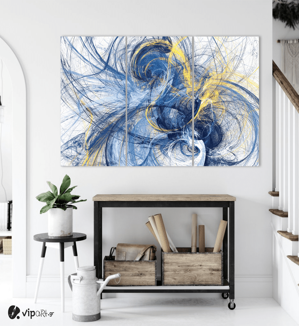 Μοντέρνος Τρίπτυχος Καμβάς Abstract Paint Art Blue and Yellow