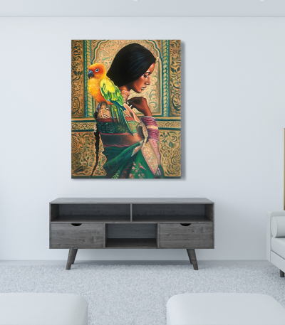 Πίνακας σε Καμβά : Beautiful Indian Painting Girl with parrot