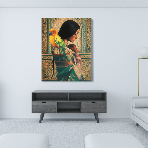 Πίνακας σε Καμβά : Beautiful Indian Painting Girl with parrot