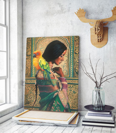 Πίνακας σε Καμβά : Beautiful Indian Painting Girl with parrot
