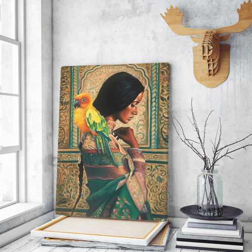 Πίνακας σε Καμβά : Beautiful Indian Painting Girl with parrot