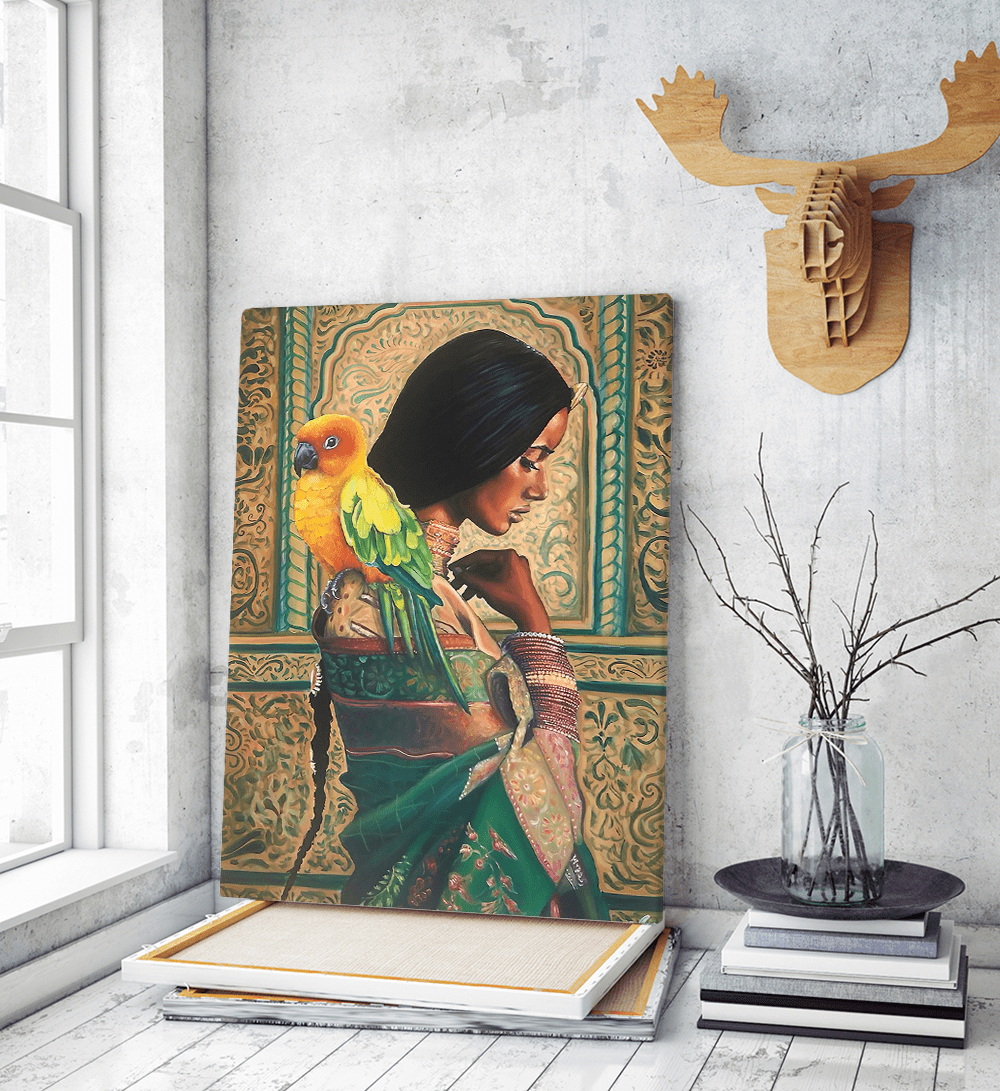 Πίνακας σε Καμβά : Beautiful Indian Painting Girl with parrot