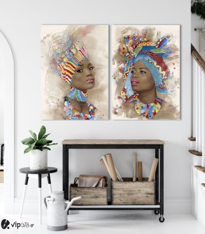 Σύνθεση με πίνακες Καμβάδες : Watercolor African Portrait 2- 2 Τεμάχια 70x50