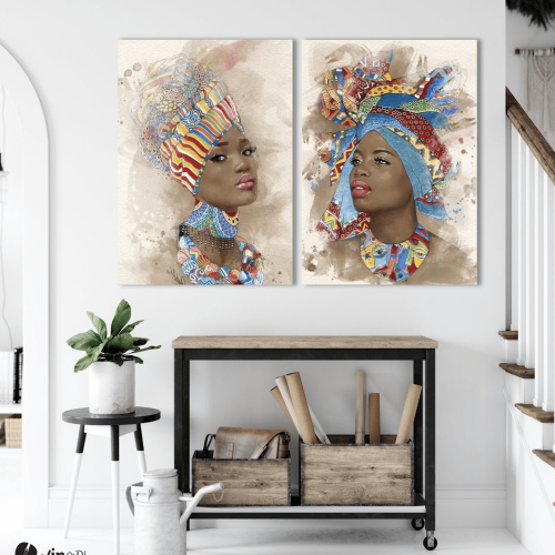 Σύνθεση με πίνακες Καμβάδες : Watercolor African Portrait 2- 2 Τεμάχια 70x50