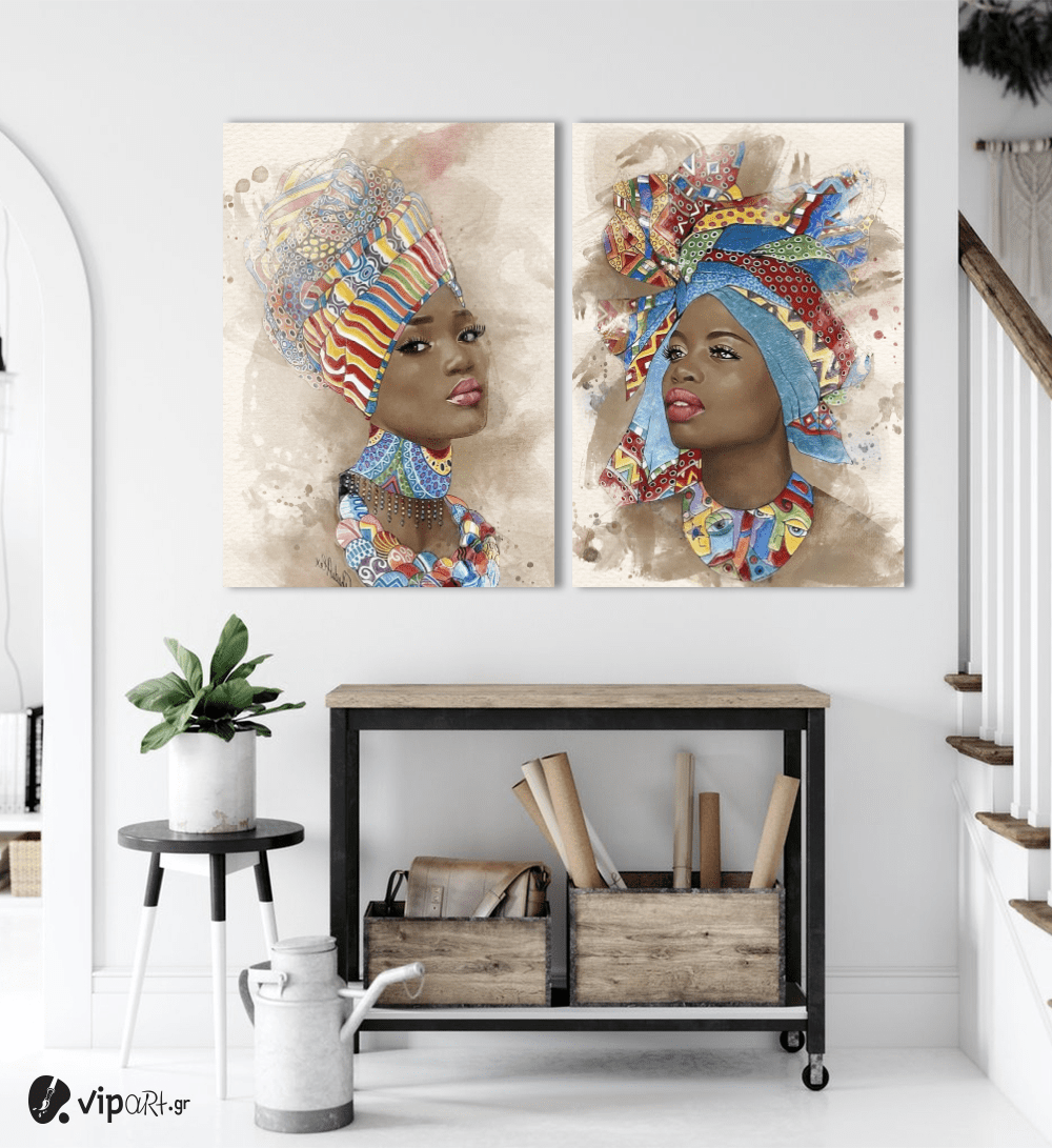 Σύνθεση με πίνακες Καμβάδες : Watercolor African Portrait 2- 2 Τεμάχια 70x50