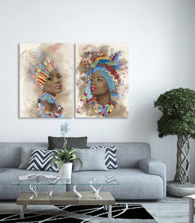 Σύνθεση με πίνακες Καμβάδες : Watercolor African Portrait 2- 2 Τεμάχια 70x50