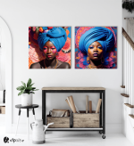 Σύνθεση Με Πίνακες Καμβάδες 60x60 - 2 Τεμάχια - Colorful Floral Portraits African Woman with Turbans