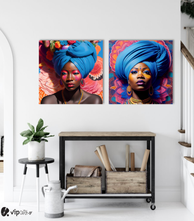 Σύνθεση Με Πίνακες Καμβάδες 60x60 - 2 Τεμάχια - Colorful Floral Portraits African Woman with Turbans