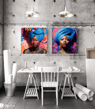 Σύνθεση Με Πίνακες Καμβάδες 60x60 - 2 Τεμάχια - Colorful Floral Portraits African Woman with Turbans