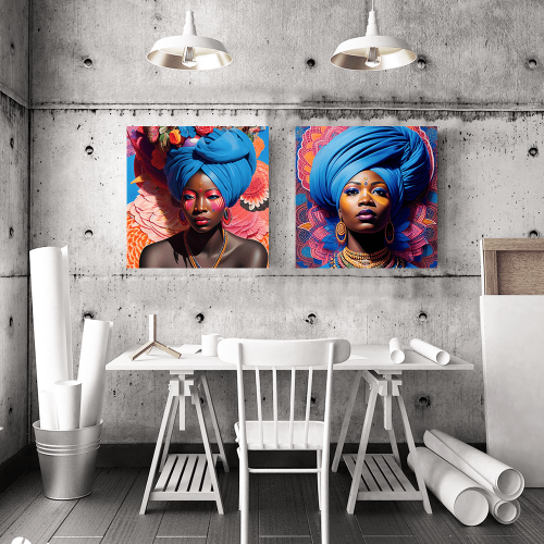 Σύνθεση Με Πίνακες Καμβάδες 60x60 - 2 Τεμάχια - Colorful Floral Portraits African Woman with Turbans