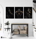 Σύνθεση Με Πίνακες Καμβάδες 70x50 - 3 Τεμάχια - Makeup Black and Gold Portraits