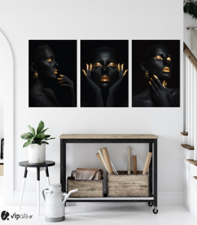 Σύνθεση Με Πίνακες Καμβάδες 70x50 - 3 Τεμάχια - Makeup Black and Gold Portraits