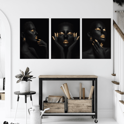Σύνθεση Με Πίνακες Καμβάδες 70x50 - 3 Τεμάχια - Makeup Black and Gold Portraits
