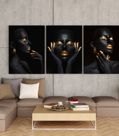 Σύνθεση Με Πίνακες Καμβάδες 70x50 - 3 Τεμάχια - Makeup Black and Gold Portraits