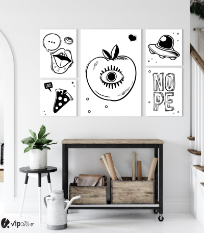 Σύνθεση με πίνακες Καμβάδες 72x114 - Black and White Apple Nope Pizza Yes