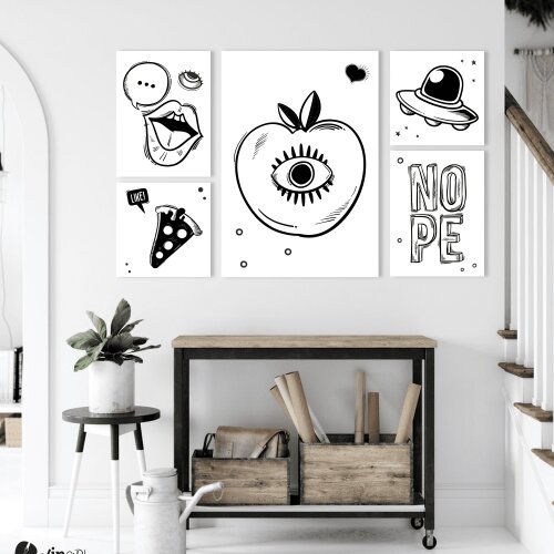 Σύνθεση με πίνακες Καμβάδες 72x114 - Black and White Apple Nope Pizza Yes
