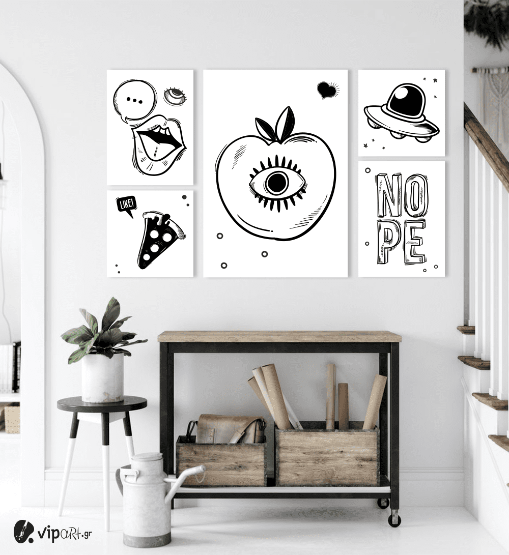 Σύνθεση με πίνακες Καμβάδες 72x114 - Black and White Apple Nope Pizza Yes
